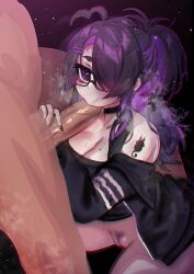 1boy 1girls black_hair blowjob breasts cleavage cock dark-skinned_male dark_skin fellatio female_pubic_hair glasses huge_breasts light-skinned_female light_skin osiimi penis pubic_hair purple_eyes purple_hair pussy sucking two_tone_hair