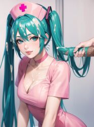 1boy1girl ai_generated aqua_eyes aqua_hair bukkake choker cleavage cum cum_on_breasts cum_on_hair hair_fetish hairjob hatsune_miku large_breasts nurse nurse_uniform pink_lips stable_diffusion twintails very_long_hair vocaloid