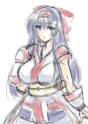 1girls ainu_clothes akenami_yasutaka big_breasts breasts busty female female_only fingerless_gloves gloves hair_ribbon highres king_of_fighters large_breasts legs long_hair looking_at_viewer nakoruru open_mouth pants purple_eyes purple_hair ribbon samurai_shodown smile snk thighs traditional_media_(artwork) voluptuous weapon