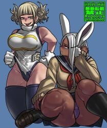 2girls big_breasts blonde_hair boku_no_hero_academia clothing_swap costume_switch dark-skinned_female dark_skin female female_only himiko_toga himiko_toga_(cosplay) huge_breasts large_breasts light-skinned_female light_skin long_hair looking_at_another miruko miruko_(cosplay) my_hero_academia panties red_eyes shosho_oekaki thick_thighs thighhighs thighs toga_himiko toga_himiko_(cosplay) upskirt usagiyama_rumi white_hair wide_hips yellow_eyes