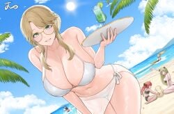 5girls ade_(nikke) beach bikini black_bikini blonde_hair braid breasts cleavage cocoa_(nikke) drake_(nikke) drink dutch_angle glasses goddess_of_victory:_nikke green_eyes grin holding holding_plate huge_breasts laplace_(nikke) leaning_forward light_green_hair long_hair looking_at_viewer multiple_girls navel noorung ocean palm_tree pink_eyes plate red_hair round_eyewear sand short_hair sidelocks signature smile soda_(nikke) splashing swimsuit thigh_gap tree twintails water white_bikini white_hair wholesome