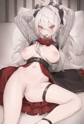 absurdres arms_up bed black_ribbon blush bound bound_wrists breasts ear_piercing female frills genderswap_(mtf) grey_hair hair_between_eyes hair_ribbon highres kuroshiro_ti kuzuha_(nijisanji) large_breasts long_hair long_sleeves looking_at_viewer lying mole mole_on_breast nail_polish nijisanji nipples nude on_back on_bed open_mouth piercing pillow pointy_ears pussy red_eyes red_nails ribbon rule_63 sanya_(kuzuha) solo spread_legs thigh_strap uncensored very_long_hair virtual_youtuber