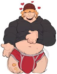 1boy akachionmain bara beanie belly big_bulge bulge floating_hearts gay hoodie hyper_bulge male male_only red_underwear stubble underwear