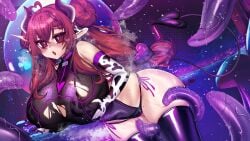 cow_print horns huge_breasts huge_thighs osiimi red_hair tail tentacle