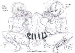 2girls black_and_white censored dildo double_dildo mutual_insertion mutual_yuri rule_63 shared_object_insertion vaginal vaginal_insertion vanquish_soul_jiaolong vanquish_soul_razen yu-gi-oh! yuri