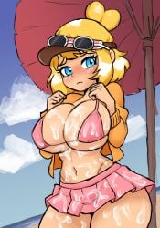 1girls alternate_version_available beach beach_background big_breasts bikini blonde_hair blue_eyes blush breast_squeeze breast_squish coraline_(mii_plaza) crop_top_jacket cum cum_drip cum_on_body cum_on_breasts cum_on_upper_body cumdrip curvy embarrassed female female_only golden_hair hair_bun ham_saus hands_on_breasts hands_up huge_breasts jacket jacket_open large_breasts light-skinned_female light_skin midriff mii miniskirt nintendo orange_jacket pink_bikini pink_skirt short_hair short_skirt skirt solo streetpass_mii_plaza sunglasses sunglasses_on_hat sunglasses_on_head thong_above_skirt thong_straps visor whale_tail