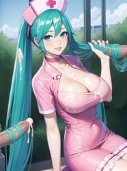 1girls 2boys ai_generated aqua_eyes aqua_hair bukkake choker cleavage cum cum_on_breasts cum_on_hair hair_fetish hairjob hatsune_miku large_breasts nurse nurse_uniform pink_lips stable_diffusion twintails very_long_hair vocaloid