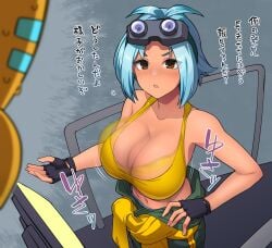 bare_arms bare_midriff bare_shoulders ben_(wall_world) big_breasts blue_hair bouncing_breasts brown_eyes clavicle cleavage clothed_female eyes_visible_through_hair female fingerless_gloves goggles goggles_on_forehead goggles_on_head japanese_text jill_(wall_world) large_breasts light_skin light_skinned_female long_cleavage medium_hair scantily_clad simple_background sweating sweating_profusely wall_world yellow_topwear