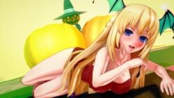 1girls 3d arm_support bat_wings big_breasts blonde_hair blue_eyes blush busty cleavage female female_only halloween halloween_costume head_wings hi_res large_breasts leotard long_hair looking_at_viewer lying neptunia_(series) on_stomach open_mouth smile solo succubus vert