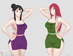 2girls 2milfs adapted_costume almost_naked apron apron_only arm_behind_head barely_clothed big_breasts black_eyes black_hair blue_eyes bouncycg breasts chichi child_bearing_hips crossover dragon_ball dragon_ball_z earrings erect_nipples erect_nipples_under_clothes feet_out_of_frame female female_only functionally_nude green_apron hair_bun hand_on_hip hourglass_figure legs_together long_hair looking_at_viewer mature mature_female mature_woman milf mostly_nude mother multiple_girls naked_apron naruto naruto_(series) naruto_shippuden nipple_slip nipples one_arm_up oppai pose posing posing_for_the_viewer purple_apron red_hair shounen_jump smile take_your_pick tied_hair uzumaki_kushina voluptuous wife