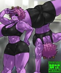 1girls abs ashido_mina ass big_ass big_breasts big_butt boku_no_hero_academia fat_ass handstand large_ass large_breasts looking_at_viewer mina_ashido muscular muscular_female my_hero_academia navel peace_sign pink_body pink_hair pink_skin short_hair shorts shosho_oekaki sweat sweatdrop sweating thick_thighs thighs wide_hips workout_clothes yellow_eyes