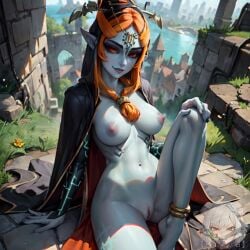 1girls ai_generated anklet city cloak day female female_only green_markings hip_dips jewelry midna nude nude_female outside red_eyes red_hair solo sunlight the_legend_of_zelda twili twili_midna twilight_princess