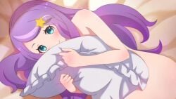 1girls anastasia_hoshin completely_naked completely_naked_female completely_nude completely_nude_female covering_breasts looking_at_viewer lying_on_back on_bed pillow purple_hair re:zero_kara_hajimeru_isekai_seikatsu smile solo_female solo_focus