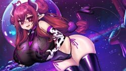 1girls cow_print demon_girl huge_breasts huge_thighs leotard osiimi red_hair tail