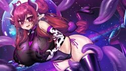 demon_girl horns huge_breasts huge_thighs osiimi red_hair tail tentacle