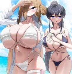 2girls anxious beach bikini black_hair blue_eyes cowboy_shot cute cute_fangs female female_only gigantic_breasts hair_bun hair_over_one_eye heart_marking holding_breast light_brown_hair looking_away mother_and_daughter nicorima ponytail skindentation very_long_hair