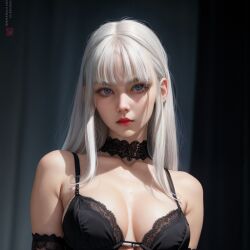 ai_generated armpit_crease armwear bangs black_background black_bra blue_eyes bra breasts choker fair-skinned_female fair_skin female lips looking_at_viewer original original_character small_breasts solo thin white_hair