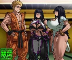 1boy 2girls areolae big_breasts black_hair blonde_hair blue_eyes chun-li_(cosplay) cosplay crossover female hands_on_hips huge_breasts hyuuga_hinata juri_han_(cosplay) large_breasts light-skinned_female light-skinned_male light_skin long_hair male naruto ryo_sakazaki_(art_of_the_fighting)_(cosplay) short_hair shosho_oekaki spiked_collar street_fighter thick_thighs thighs underboob uzumaki_naruto