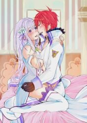 1boy 1girls after_kiss blush breasts couple_sex duo_focus elf emilia_(re:zero) french_kiss half-dressed kissing on_bed re:zero_kara_hajimeru_isekai_seikatsu red_hair reinhard_van_astrea saliva_trail sex silver_hair sitting_on_lap tongue_kiss undressing