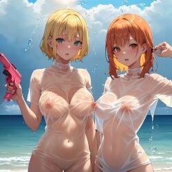 ai_generated beach blonde_hair red_hair stable_diffusion watergun wet_clothes wet_shirt