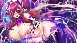 cow_print demon_girl fluids horns huge_breasts huge_thighs osiimi red_hair tail tentacle