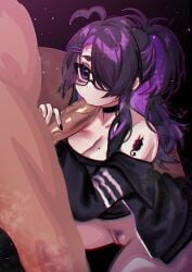 1boy 1girls black_hair blowjob breasts cleavage cock dark-skinned_male dark_skin fellatio female_pubic_hair glasses huge_breasts light-skinned_female light_skin osiimi penis pubic_hair purple_eyes purple_hair pussy sucking two_tone_hair