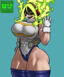 1girls big_breasts boku_no_hero_academia burnin_(my_hero_academia) female female_human female_only green_hair grey_fur hero_outfit_(mha) human kamiji_moe large_breasts light-skinned_female light_skin looking_at_viewer miruko_(cosplay) moe_kamiji my_hero_academia shosho_oekaki solo solo_female solo_focus superhero_costume superheroine thick_thighs thighhighs thighs wide_hips yellow_eyes