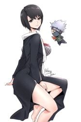 1boy 1girls arm_support bare_legs barefoot black_hair book breasts_out chibi chibi_inset curvaceous curvy curvy_body curvy_female curvy_figure feet female female_focus fishnet_topwear fishnets hand_between_legs hatake_kakashi holding_object implied_fingering implied_masturbation kimono konohagakure_symbol kunoichi looking_at_partner looking_at_viewer mask masked masked_male medium_breasts mesh mesh_shirt naruto naruto_(series) naruto_shippuden ninja one_eye_covered open_clothes plain_background relaxjon shizune side_boob silver_hair simple_background sitting solo solo_focus spiky_hair staring staring_at_another suggestive white_background wide_hips