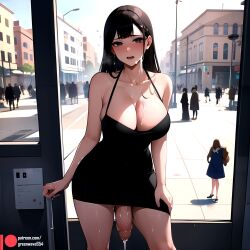 ai_generated big_breasts big_penis black_dress black_hair city cum cum_drip cum_on_body cum_on_breasts flashing futa_only futanari greenwave penis precum precum_drip public public_nudity solo tagme