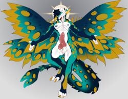 anthro arthropod balls claws ekagos finger_claws fur genitals hi_res horn insects lepidopteran male moth multicolored_body multicolored_fur nipples nude penis simple_background solo tail toe_claws wings