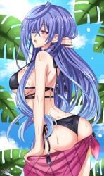 arm_up ass bikini blush breasts cleavage goddess iris_heart lewdkuma light-skinned_female long_hair looking_at_viewer looking_back neptunia_(series) open_mouth pink_eyes plutia pulling_hair purple_hair side_view solo straight_hair sweat undressing