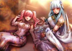 2girls alternate_costume bangs blue_hair breasts broken_weapon cleavage covered_nipples crying crying_with_eyes_open defeated dirty dress elbow_gloves female female_only fire_emblem fire_emblem:_the_blazing_blade fire_emblem_heroes from_above gloves hair_ornament kneeling large_breasts light long_hair looking_at_viewer medium_breasts medium_hair miyakura_haruto mud multiple_girls ninian_(fire_emblem) ninian_(resplendent)_(fire_emblem) nintendo official_alternate_costume on_back open_mouth orange_eyes outdoors pink_hair purple_eyes red_eyes see-through serra_(fire_emblem) slave stone torn_clothes twintails very_long_hair weapon