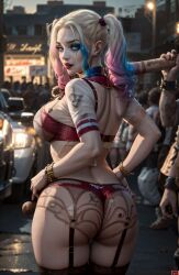 1girls ai_generated antihero antiheroine ass baku452 batman_(series) big_ass big_breasts blonde_hair bra curvaceous curvy curvy_figure dc dc_comics dc_extended_universe dceu digital_media_(artwork) eyebrows eyelashes eyes female female_focus garter_belt hair harley_quinn harley_quinn_(dceu) hips hourglass_figure light-skinned_female light_skin lips looking_back makeup multicolored_hair public rear_view slim_waist stable_diffusion suicide_squad thong villain villainess