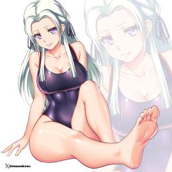 1girls alternate_costume breasts cleavage edelgard_von_hresvelg etchimune feet female female_only fire_emblem fire_emblem:_three_houses large_breasts long_hair nintendo one_piece_swimsuit purple_eyes purple_one-piece_swimsuit purple_swimsuit solo swimsuit thick_thighs thighs white_hair