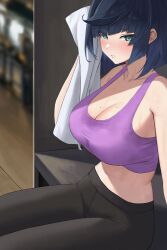 1girls breasts cleavage clothing female_only fit_female genshin_impact gym large_breasts looking_at_viewer mature_female midriff milf mole mole_on_breast sitting sp123 sweat sweat_stain towel yelan_(genshin_impact) yoga_pants