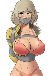 1girls big_breasts blonde_hair bondage bra breasts cindy_aurum final_fantasy final_fantasy_xv gag green_eyes panties pink_bra pink_panties roythelucario square_enix tape tape_bondage tape_gag worried yellow_jacket