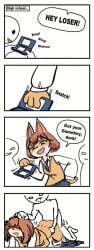 2koma all_fours angry anthro anthro_female brown_hair bullying correction doggy_style doggystyle english_text forced furry gameboy_advance gameboy_advance_sp human human_male instant_loss_2koma laugh nintendo panties rape school_girl skirt speech_bubble text video_game white_panties