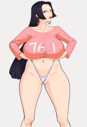 47_hard big_breasts black_hair blue_eyes boa_hancock cameltoe chainsaw_man female female_only one_piece power_(chainsaw_man)_(cosplay)