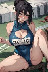 1girls ai_generated aqua_hair bare_shoulders black_track_uniform blush cameltoe cleavage curvy female full_face hair_up half-closed_eyes happy heavy_breathing huge_breasts lazyturt18 pussy_juice pussy_juice_puddle sitting spread_legs sweaty torogao track_and_field