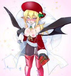 blush blush breasts demon_girl demon_wings disgaea disgaea_2 disgaea_rpg exposed_breasts large_breasts nippon_ichi_software present puffphox rozalin santa_costume thick_thighs thighs tights