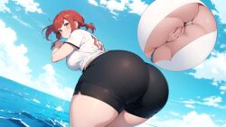 1girls ai_generated ass_focus back_view beach_ball big_ass big_butt black_shorts fat_ass female_only huge_ass huge_butt keijo!!!!!!!! large_ass large_butt pigtails red_hair short_hair shorts t-shirt thick_ass thick_thighs tight_clothing toyoguchi_non twintails white_shirt