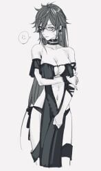 1girls anger_vein breasts choker cleavage cleavage_cutout genderswap_(mtf) genshin_impact glasses long_hair medium_breasts navel rule_63 single_earring skimpy_dress zhongli_(genshin_impact) zhongli_jiejie zizgenka