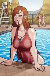 athletic athletic_female big_breasts blonde_hair breasts brown_hair busty clothing disney disney_channel earrings female female_focus female_only freckles gravity_falls green_eyes hourglass_figure human long_hair mabel_pines neckwear pacifica_northwest pale_skin pinup pinup_pose pool poolside public red_hair straight_hair swimwear tagme trpxart wendy_corduroy wide_hips