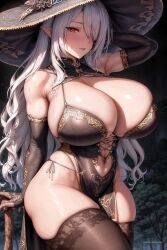 1girls 2023 ai_generated ai_love_higokko anime_nose breasts breasts_bigger_than_head cleavage clothed_female female hi_res hips holaraai large_breasts long_hair original original_character pointy_ears red_eyes thick_thighs thighs wide_hips witch witch_costume witch_hat
