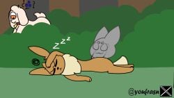 16:9 animated anthro canid canine duo eevee eievui feral fox generation_1_pokemon hi_res male mammal nintendo pokemon pokemon_(species) short_playtime sleeping sleeping_sex widescreen youfrasn