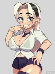 big_breasts black_bikini blonde_hair blush blushing bra breasts filia_(skullgirls) green_eyes looking_at_viewer open_clothes painted_nails painting_fish pre-samson_filia see-through see-through_clothing see-through_shirt skullgirls slutty_outfit smile smiling thick_thighs tie