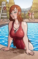 athletic athletic_female big_breasts blonde_hair breasts brown_hair busty clothing disney disney_channel disney_xd earrings female female_focus female_only freckles gravity_falls green_eyes hourglass_figure human long_hair mabel_pines neckwear pacifica_northwest pale_skin pinup pinup_pose pool poolside public red_hair straight_hair swimwear tagme trpxart wendy_corduroy white_female wide_hips