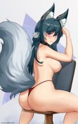 1girls absurd_res alternate_version_available areolae female_focus female_only fox_ears fox_girl fox_tail g-string hioyami honkai_(series) long_hair looking_at_viewer nipple_bulge pink_nipples seductive_look yukong_(honkai:_star_rail)