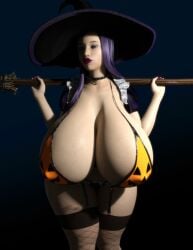 big_breasts black_hair breasts_bigger_than_torso fishnet_legwear fishnet_stockings halloween holding_broom holding_object huge_breasts jack-o'-lantern large_breasts m0bil3d pumpkin_bikini purple_hair witch witch_costume witch_hat