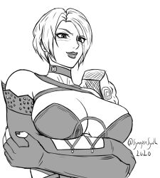 1girls big_breasts breasts cleavage clothed clothing collar female_focus female_only hi_res isabella_valentine lipstick looking_at_viewer monochrome pose revealing_clothes short_hair simple_background smile solo soul_calibur synapsesynth watermark white_background